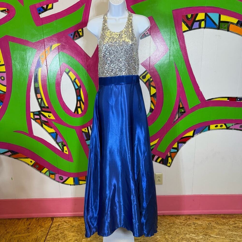Sequin Top Blue Satin Halter Top Maxi Dress. Size Medium. In excellent condition